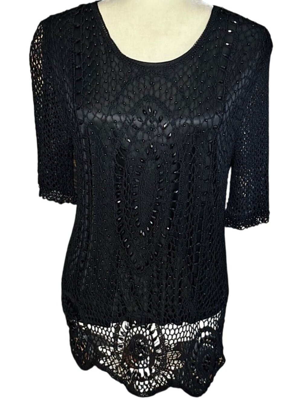Vintage Beaded Crochet Top Black XL Open Knit Goth Fairy Whimsigoth Evening Y2K